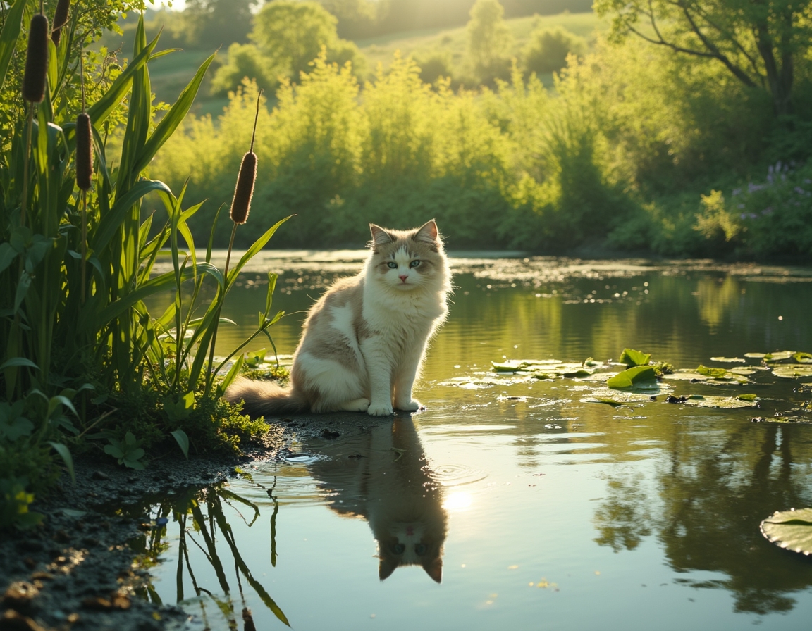 Cat observes a serene countryside pond, reflected in its still waters.